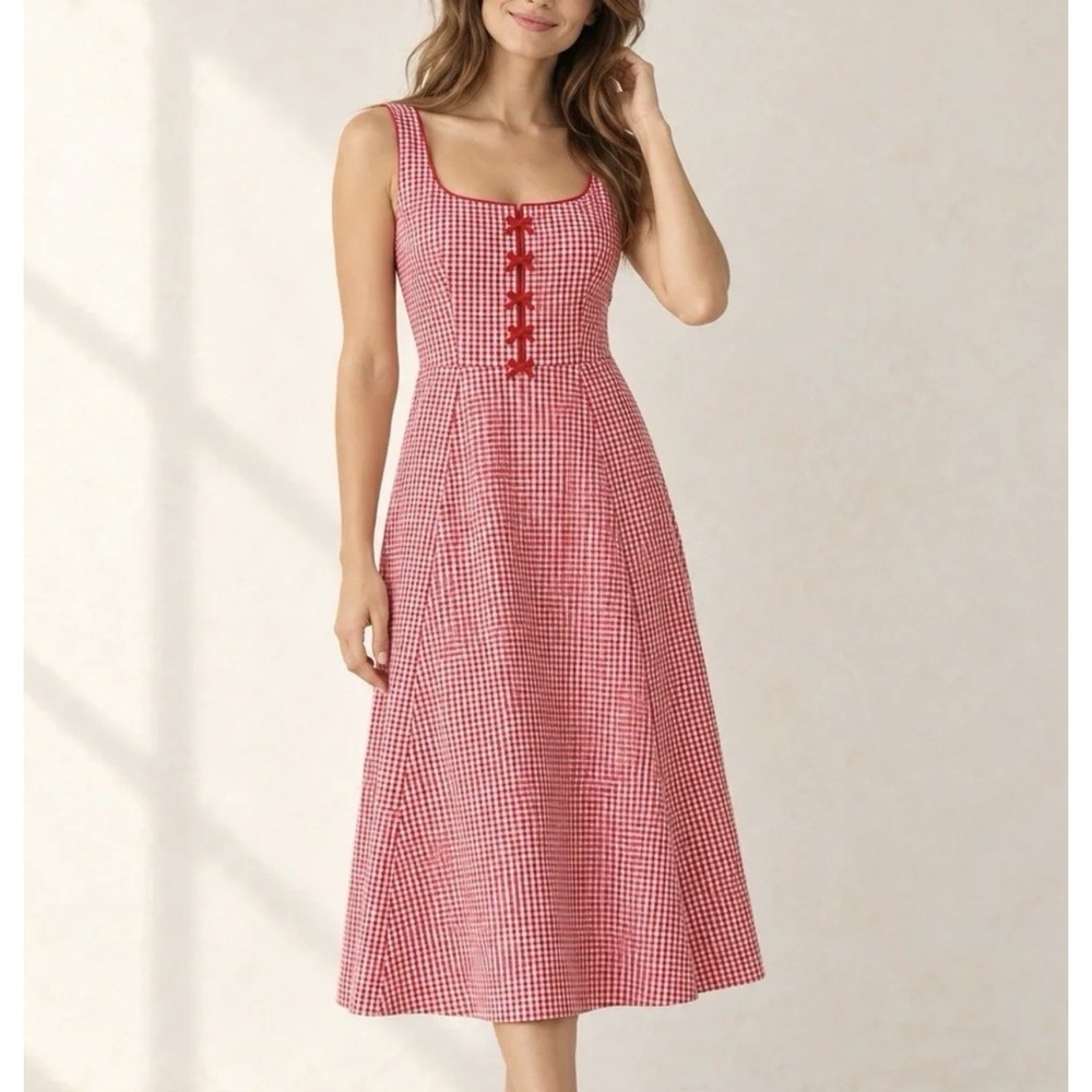 Rachel Zoe Red White Gingham Check Midi Dress Sleeveless Sz 8 Medium Bows Cotton